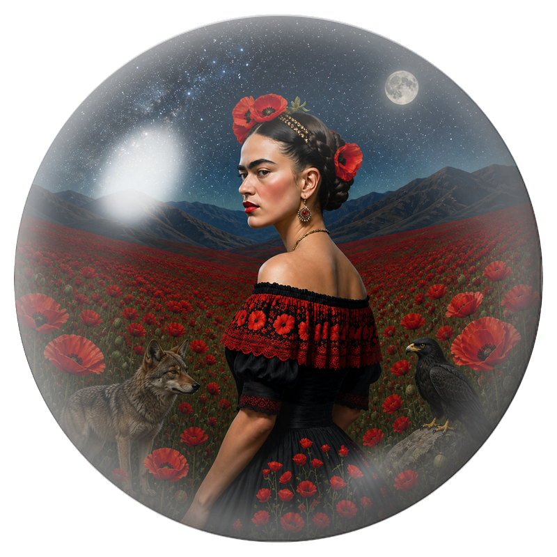 Cabochon en Verre Illustré Frida au Loup et au Corbeau sous la Lune 12 à 25mm