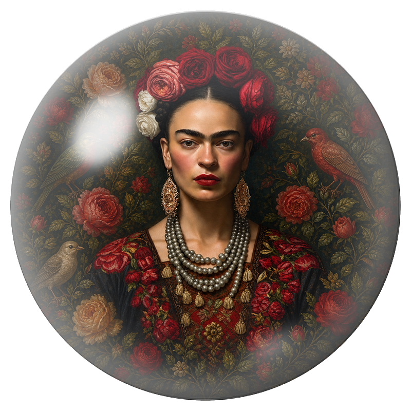 Cabochon en Verre Illustré Frida aux Oiseaux dans les Roses Sombres 12 à 25mm