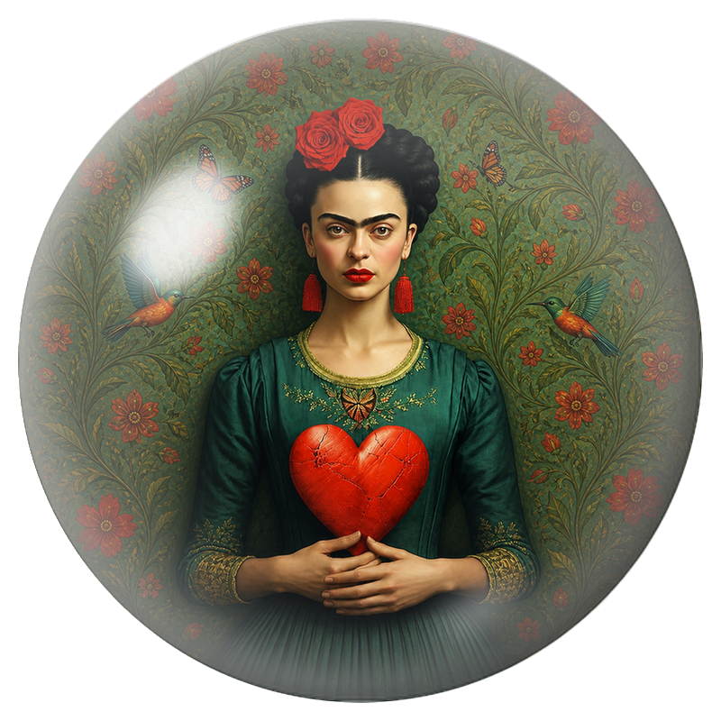 Cabochon en Verre Illustré Frida au Cœur Rouge et aux Colibris 12 à 25mm