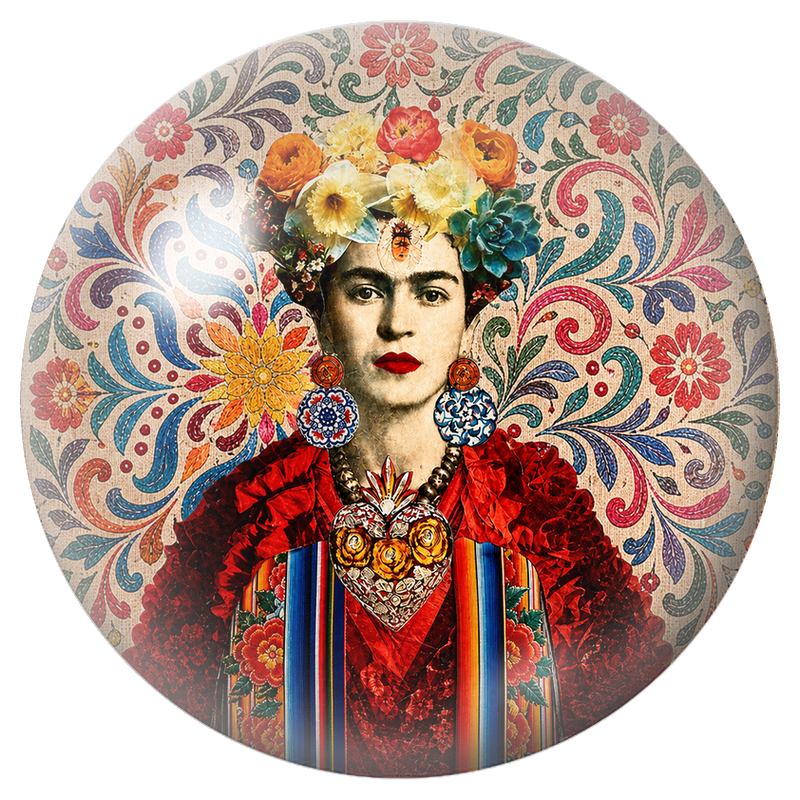 Cabochon en Verre Illustré Frida au Cœur Mexicain et aux Fleurs 12 à 25mm