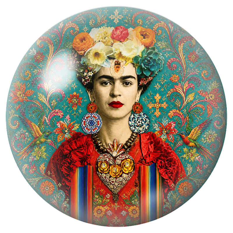 Cabochon en Verre Illustré Frida au Cœur Mexicain et aux Colibris 12 à 25mm