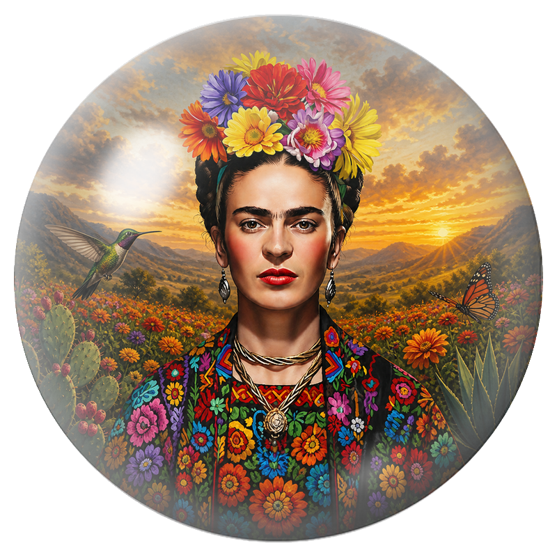 Cabochon en Verre Illustré Frida au Colibri dans la Vallée Fleurie 12 à 25mm