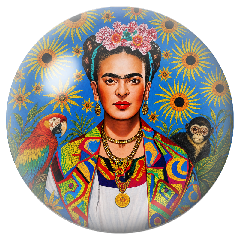 Cabochon en Verre Illustré Frida au Perroquet et au Singe sous les Tournesols 12 à 25mm