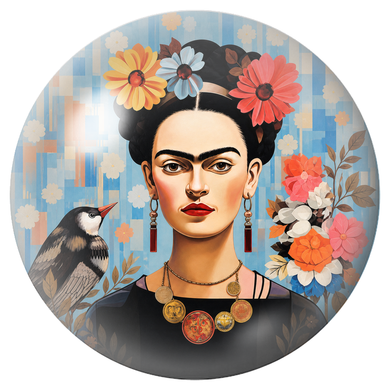 Cabochon en Verre Illustré Frida aux Fleurs et à l’Oiseau Noir 12 à 25mm