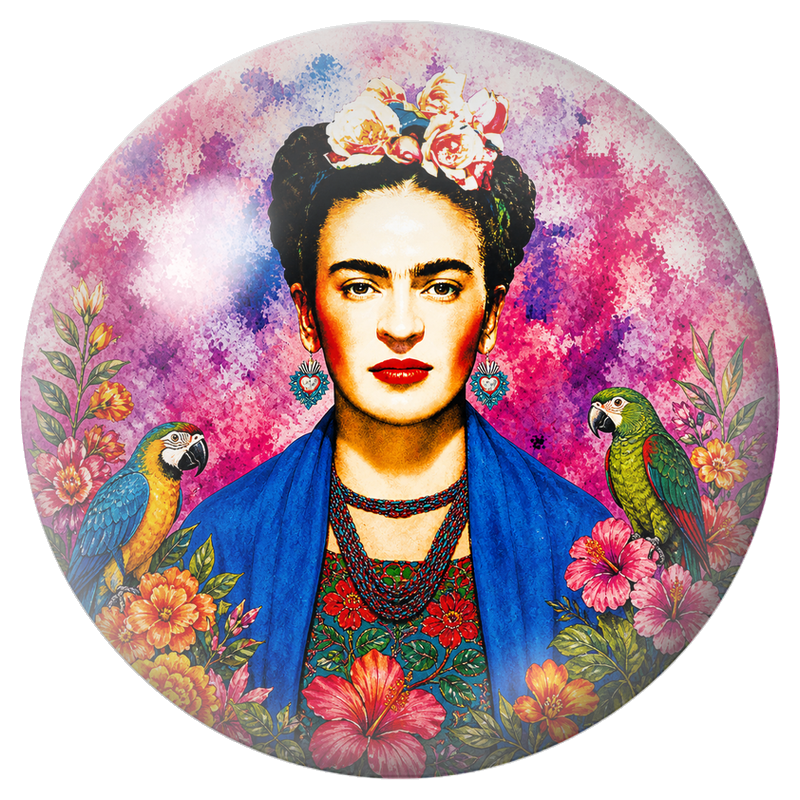 Cabochon en Verre Illustré Frida aux Deux Perroquets dans les Hibiscus 12 à 25mm