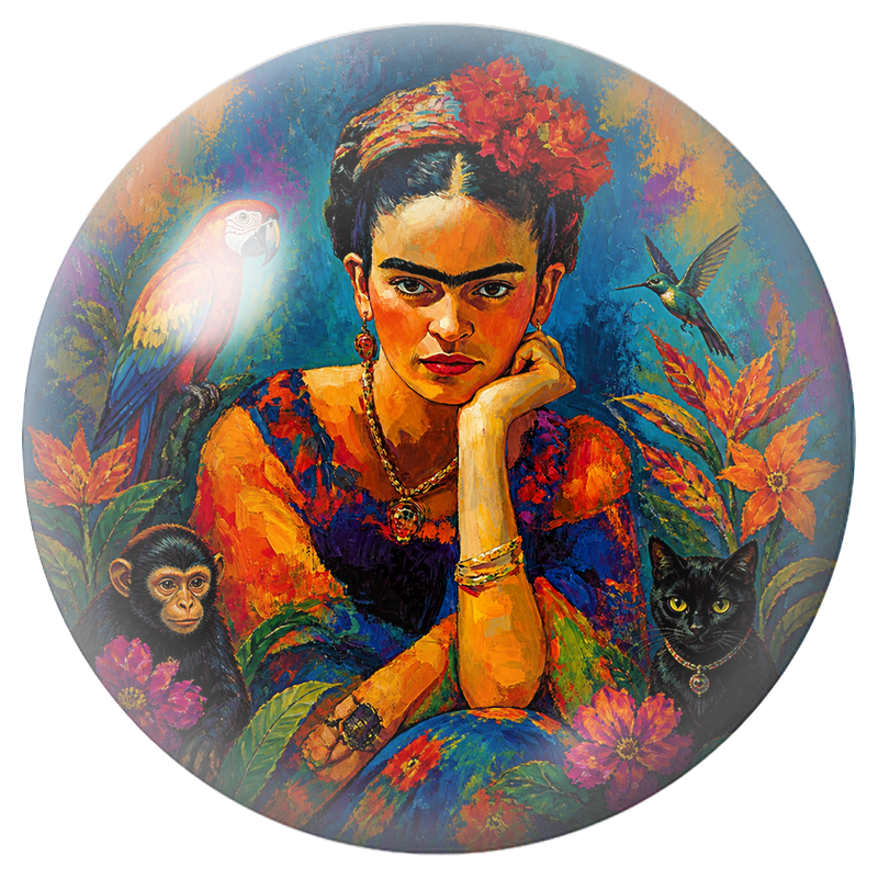 Cabochon en Verre Illustré Frida au Perroquet, au Singe et au Chat 12 à 25mm