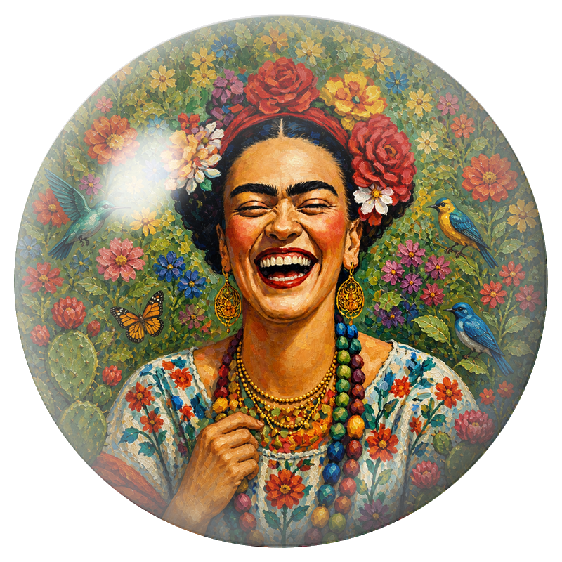 Cabochon en Verre Illustré Frida Rieuse dans un Jardin Fleuri 12 à 25mm