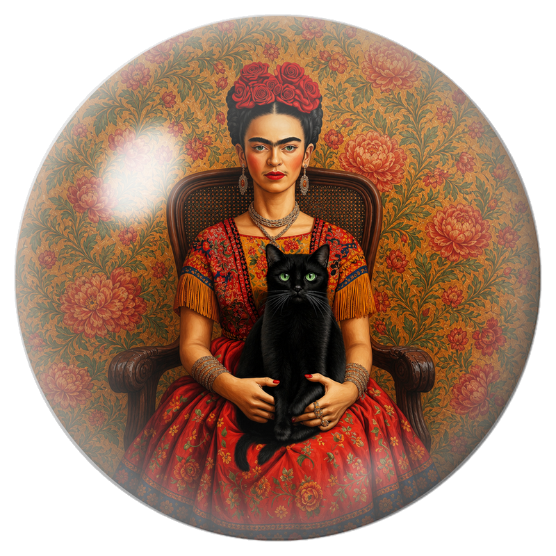 Cabochon en Verre Illustré Frida au Chat Noir dans le Fauteuil 12 à 25mm