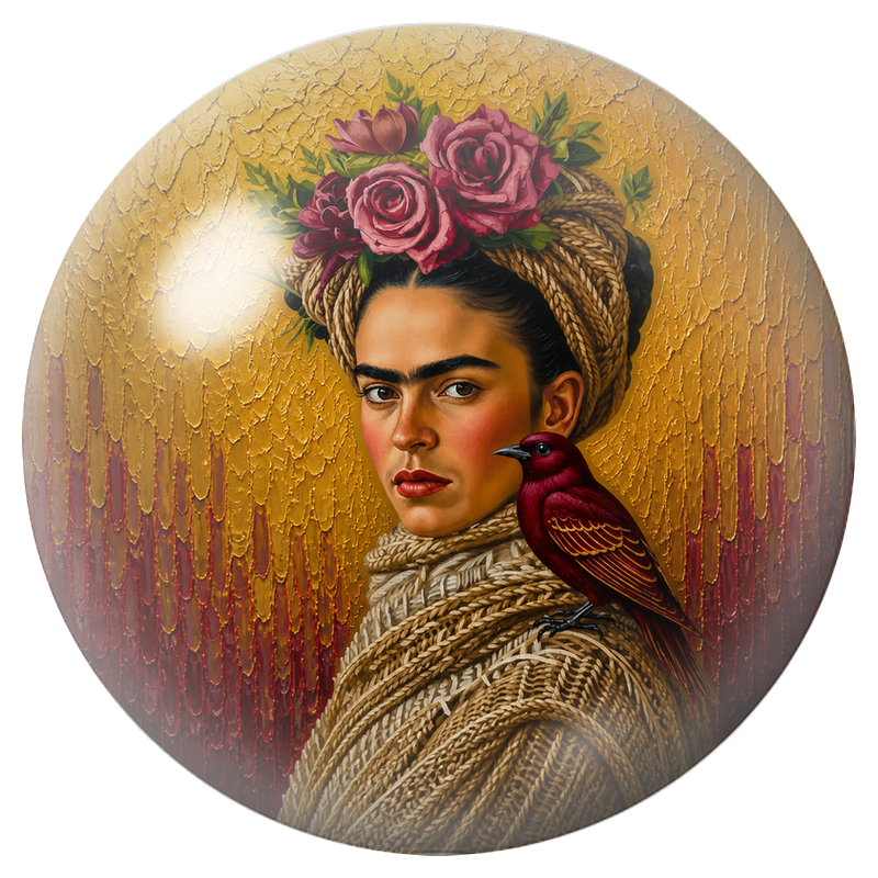 Cabochon en Verre Illustré Frida au Perroquet Rouge dans un Châle Tressé 12 à 25mm