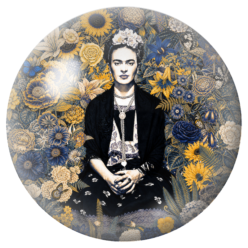 Cabochon en Verre Illustré Frida au Jardin Bleu et Or 12 à 25mm