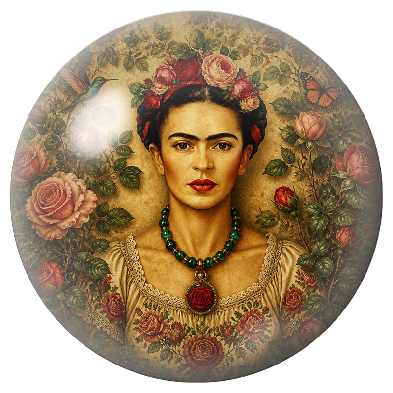 Cabochon en Verre Illustré Frida aux Roses, au Colibri et au Papillon 12 à 25mm