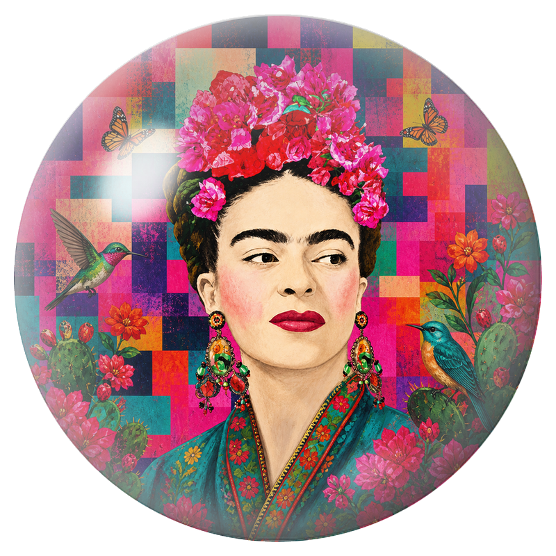 Cabochon en Verre Illustré Frida Pop aux Cactus et aux Oiseaux 12 à 25mm