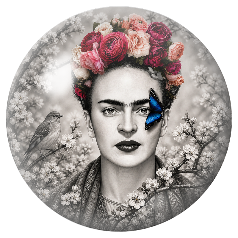 Cabochon en Verre Illustré Frida au Papillon Bleu dans les Fleurs Blanches 12 à 25mm