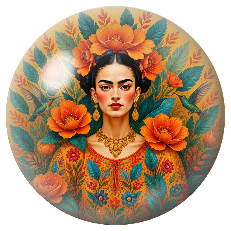 Cabochon en Verre Illustré Frida aux Deux Colibris dans les Fleurs Orange 12 à 25mm
