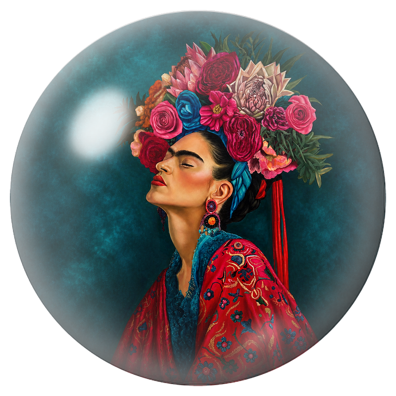 Cabochon en Verre Illustré Frida de Profil aux Grandes Roses 12 à 25mm
