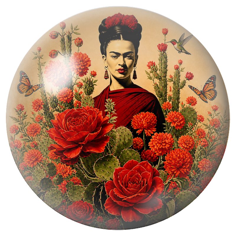 Cabochon en Verre Illustré Frida dans les Cactus aux Colibris 12 à 25mm