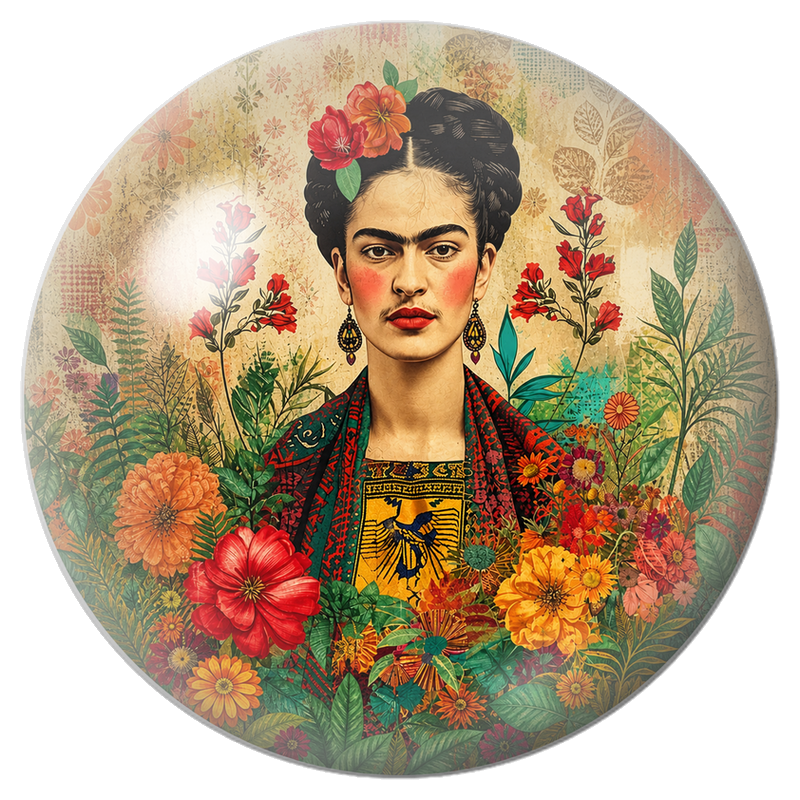 Cabochon en Verre Illustré Frida au Jardin de Fleurs Mexicaines 12 à 25mm