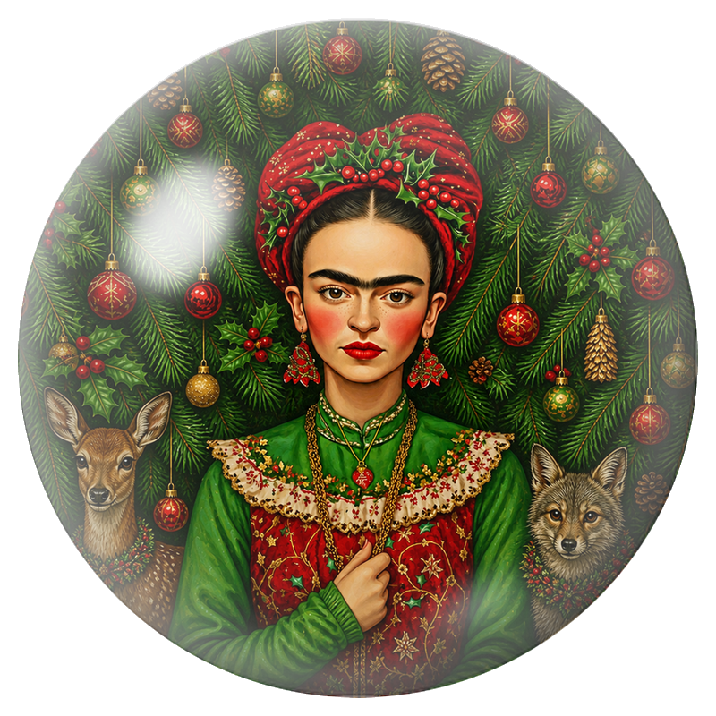 Cabochon en Verre Illustré Frida de Noël au Faon et au Loup 12 à 25mm