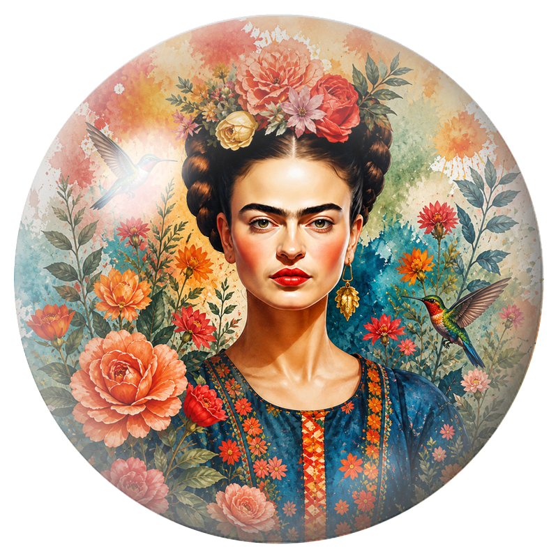 Cabochon en Verre Illustré Frida aux Deux Colibris dans les Fleurs 12 à 25mm
