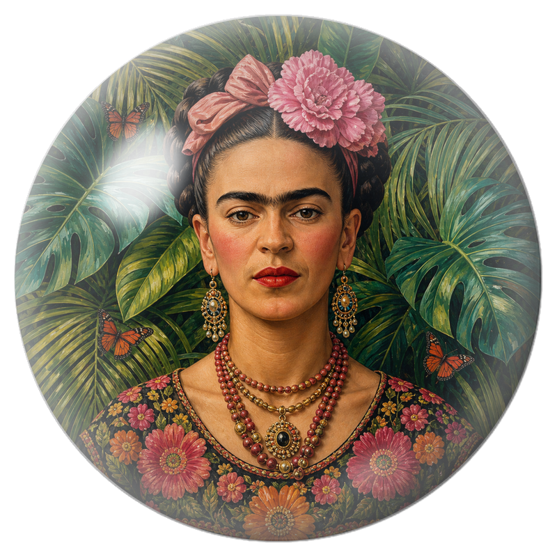 Cabochon en Verre Illustré Frida aux Papillons dans les Feuillages 12 à 25mm