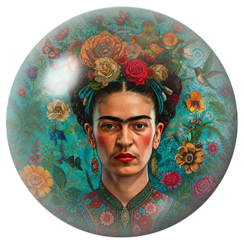 Cabochon en Verre Illustré Frida au Jardin Turquoise et aux Papillons 12 à 25mm