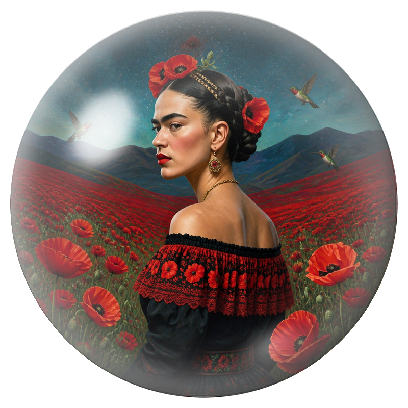 Cabochon en Verre Illustré Frida au Champ de Coquelicots et aux Colibris 12 à 25mm