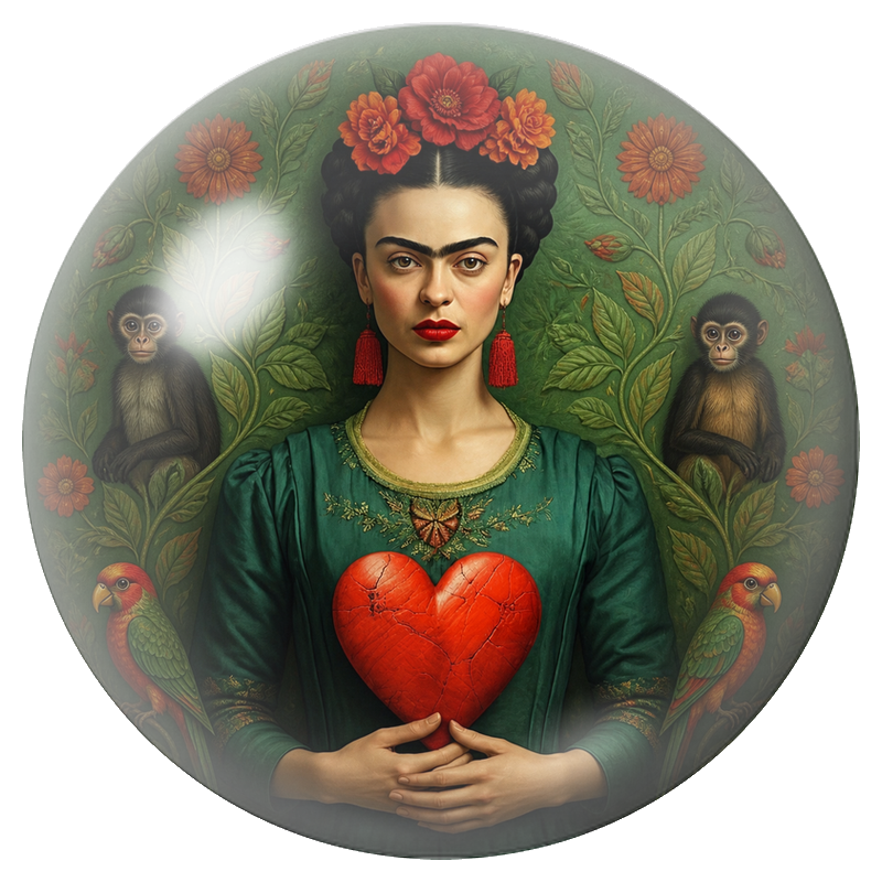 Cabochon en Verre Illustré Frida au Cœur Rouge entourée d’Animaux 12 à 25mm