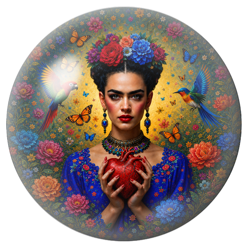 Cabochon en Verre Illustré Frida au Cœur Anatomique et aux Perroquets 12 à 25mm