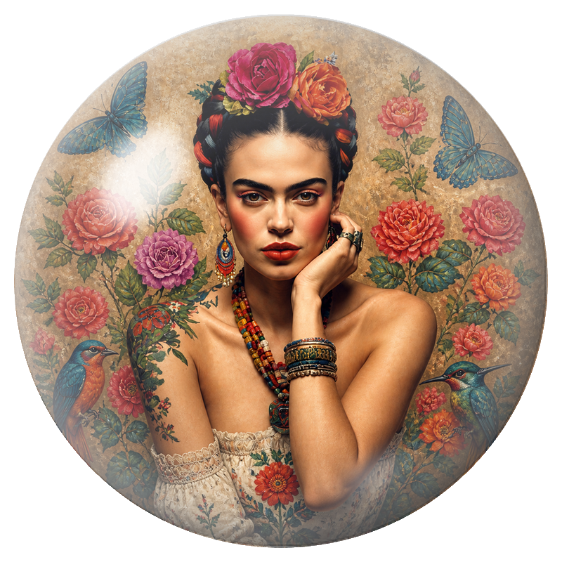 Cabochon en Verre Illustré Frida au Jardin de Roses et aux Oiseaux 12 à 25mm