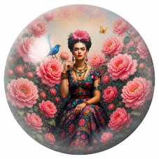 Cabochon en Verre Illustré Frida Assise dans les Pivoines Roses 12 à 25mm pour la Création de Bijoux Fantaisie - DIY