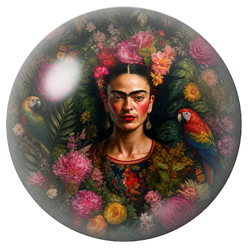 Cabochon en Verre Illustré Frida au Perroquet dans le Jardin Sombre 12 à 25mm