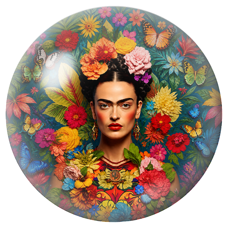 Cabochon en Verre Illustré Frida aux Papillons dans les Fleurs 12 à 25mm
