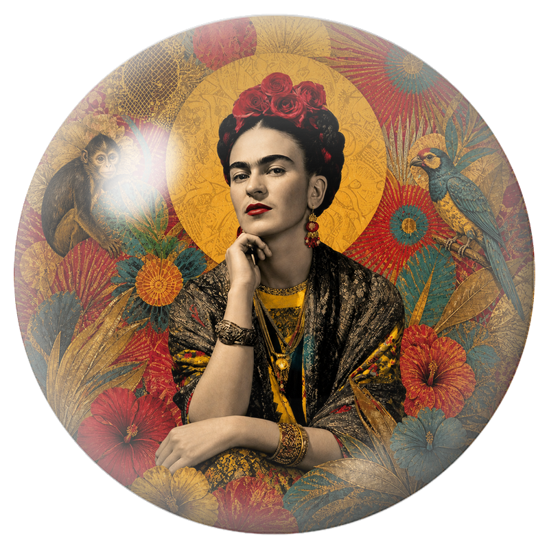Cabochon en Verre Illustré Frida au Singe et au Perroquet dans le Collage Doré 12 à 25mm