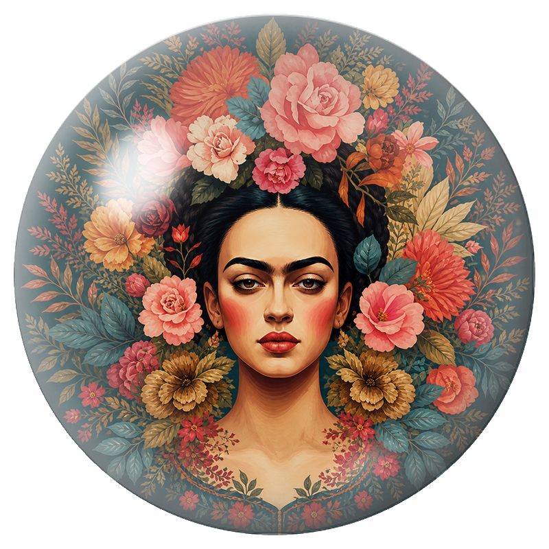 Cabochon en Verre Illustré Frida au Bouquet de Fleurs Corail 12 à 25mm