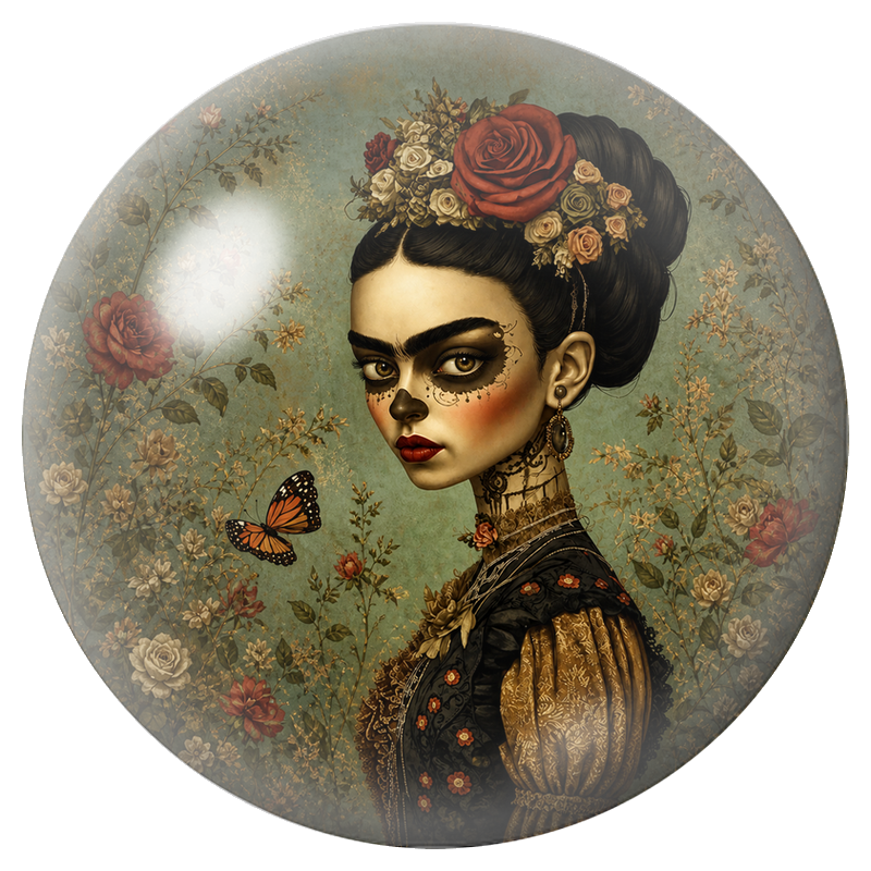 Cabochon en Verre Illustré Frida Gothique au Papillon 12 à 25mm