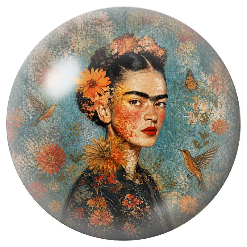 Cabochon en Verre Illustré Frida de Profil aux Colibris et au Papillon 12 à 25mm