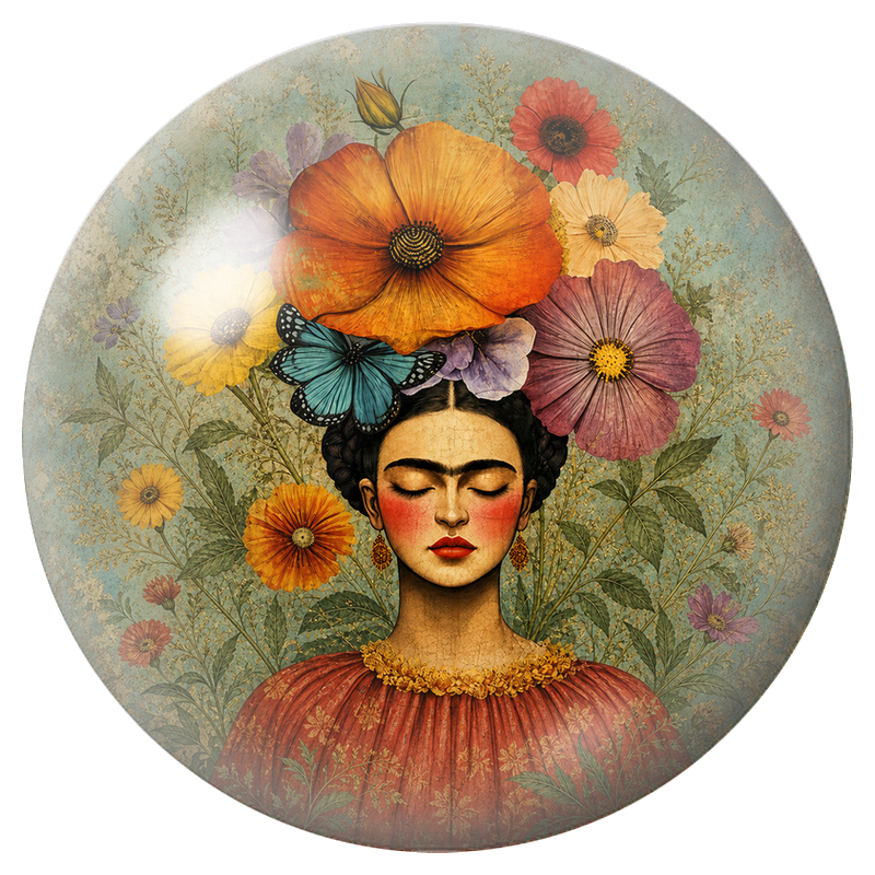 Cabochon en Verre Illustré Frida aux Fleurs les Yeux Fermés 12 à 25mm
