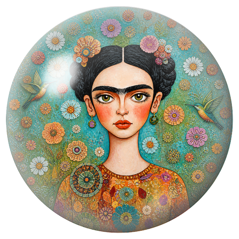Cabochon en Verre Illustré Frida aux Colibris dans les Fleurs Géométriques 12 à 25mm
