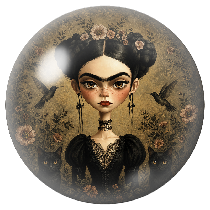 Cabochon en Verre Illustré Frida Gothique aux Chats et aux Colibris 12 à 25mm