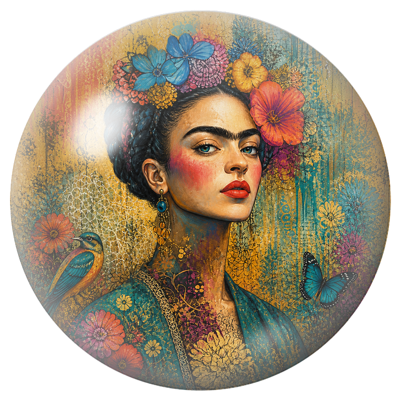 Cabochon en Verre Illustré Frida de Profil au Colibri et au Papillon 12 à 25mm