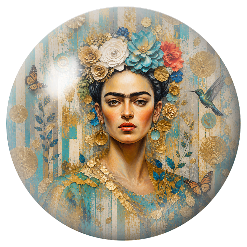 Cabochon en Verre Illustré Frida aux Fleurs Turquoise et Dorées 12 à 25mm