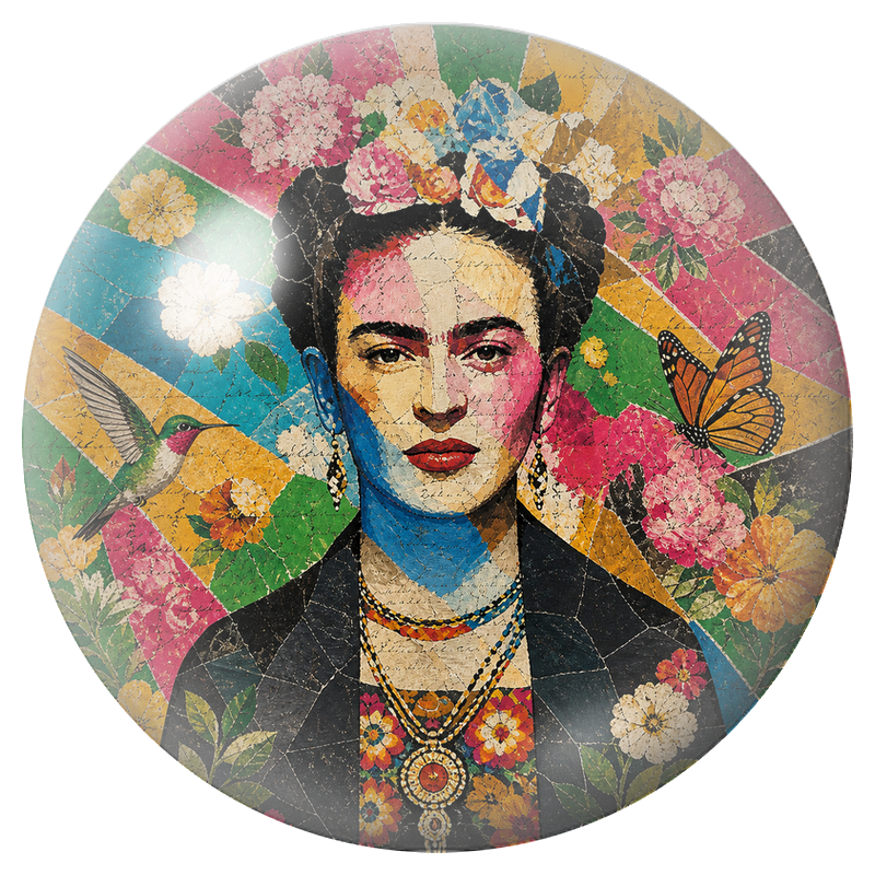 Cabochon en Verre Illustré Frida au Colibri et au Papillon en Collage 12 à 25mm