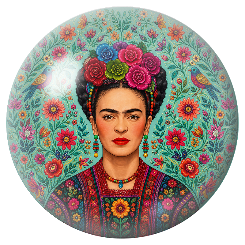 Cabochon en Verre Illustré Frida aux Oiseaux dans le Jardin Turquoise 12 à 25mm