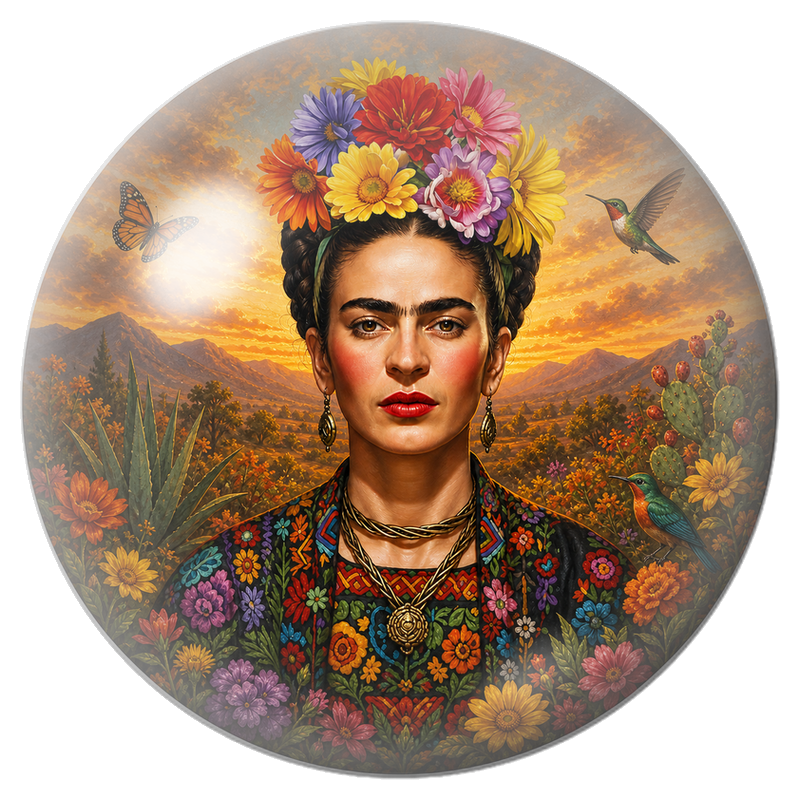 Cabochon en Verre Illustré Frida au Colibri dans la Vallée Fleurie 12 à 25mm
