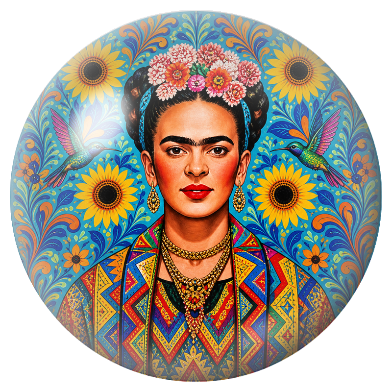 Cabochon en Verre Illustré Frida aux Colibris et aux Tournesols 12 à 25mm