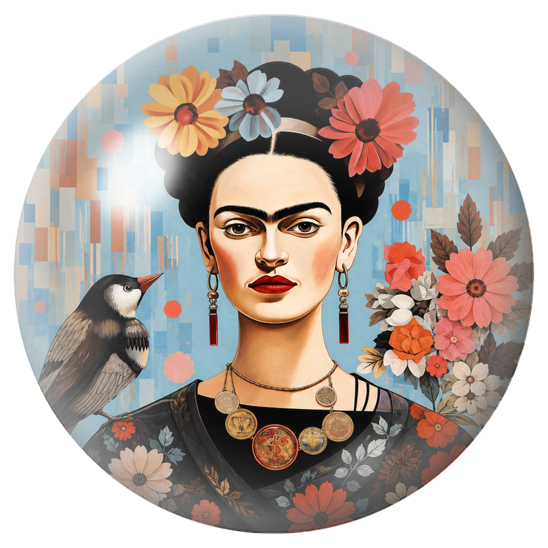 Cabochon en Verre Illustré Frida aux Fleurs et à l’Oiseau Noir 12 à 25mm