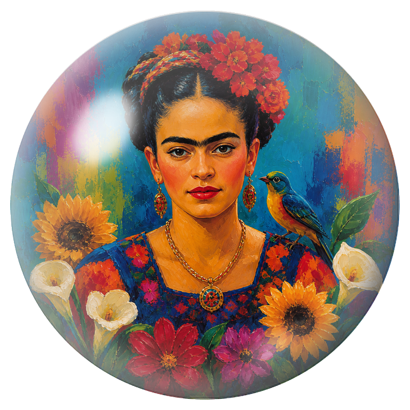 Cabochon en Verre Illustré Frida à l’Oiseau dans les Tournesols 12 à 25mm
