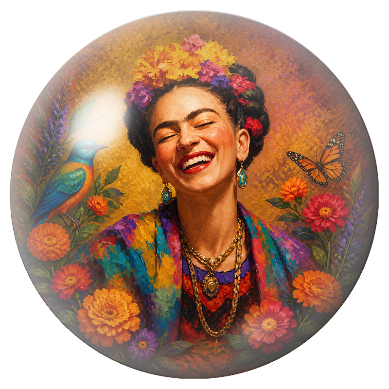 Cabochon en Verre Illustré Frida Rieuse à l’Oiseau et au Papillon 12 à 25mm