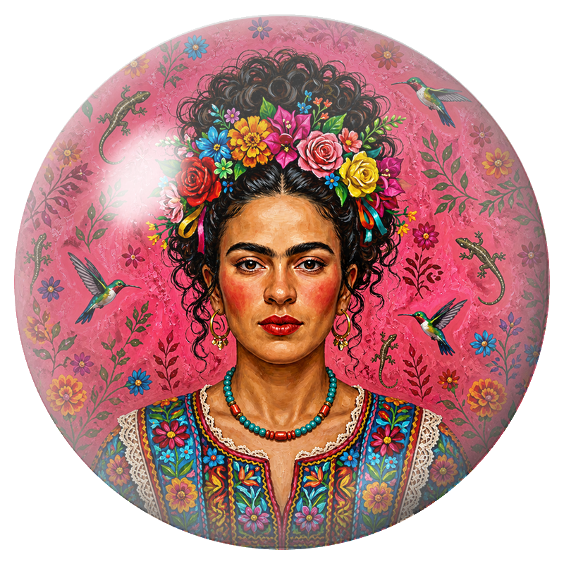 Cabochon en Verre Illustré Frida aux Fleurs et aux Colibris sur Fond Rose 12 à 25mm
