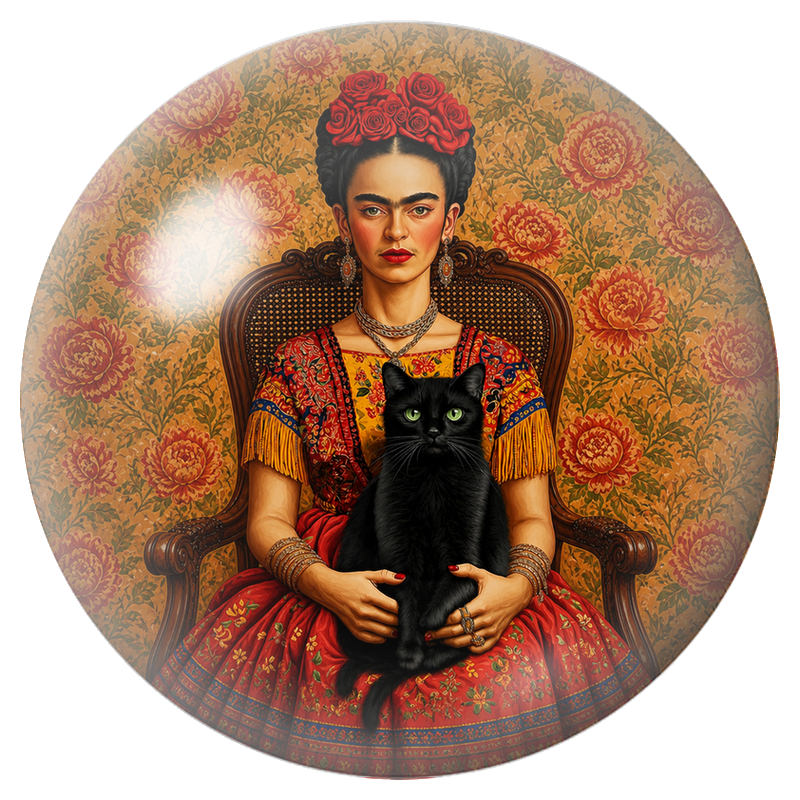 Cabochon en Verre Illustré Frida au Chat Noir dans les Pivoines 12 à 25mm